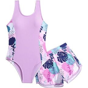 Floerns Girl's Swimsuit One Piece Bathing Suit Tropical Floral Swimwear with Cover Up Shorts Hawaii Beach Vacation