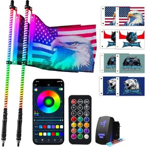 MICTUNING 2pcs 3FT COB Whip Lights, Brake/Turn Signal/Reverse Function, with APP+Remote Control, Rocker Switch & 8 Flags, RGB+IC Chasing Music Synced Whips Lights Kit for ATV UTV RZR Can-Am