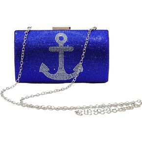 Women's Nautical Anchor Glamour Evening Bag Sparkly Rhinestone Clutch Purses Luxury Handbags Pocketbook - Blue Glitter with Silver Glitter Anchor