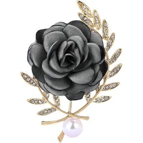 Rose Brooch for Women,Dainty Satin Fabric Flower Lapel Pins Vintage Elegant Pearl Brooches Handmade Crystal Pearl Pins Silk Camellia Safety Collar Pin Dress Suit Accessories Wedding Bridal Bouquet Jewelry