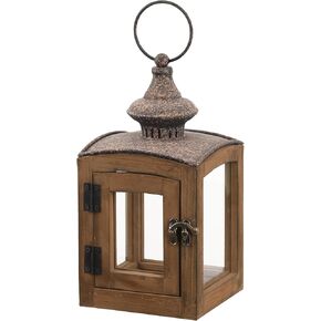 Rustic Wooden Candle Lantern, Glass Panels, Vintage Metal Top, Decorative Indoor Outdoor Light Holder (Brown, 5"x10")