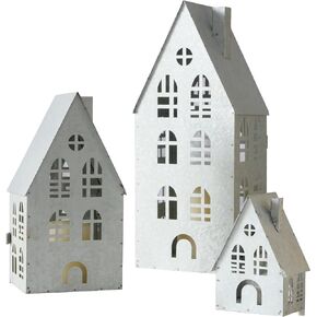 Main Street Town House Candle Lanterns, Set of 3, Vintage Style, Arched Window Details, Rustic Grey, Metal, 14.5, 9.5, and 5 Inches Tall
