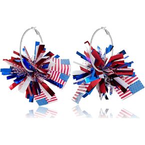 Dreuyet Glitter 4th of July Earrings for Women Colorful Garland Independence Day Patriotic Hoop Earrings American USA Flag Earrings Charm Red White Blue Hoop Firework Shiny Earrings