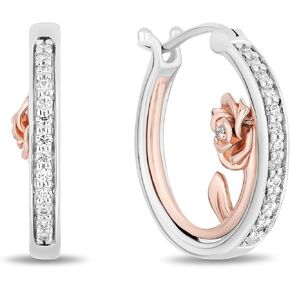 Jewelili Enchanted Disney Fine Jewelry 14K Rose Gold over Sterling Silver with 1/5 CTTW Diamond Belle Hoop Earrings