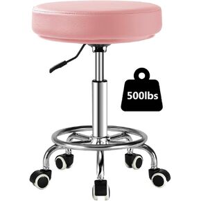 Round Rolling Stool with Footrest, Patent Leather Drafting Stool Chair with Wheels Work Spa Salon Seat