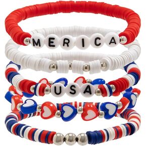 Pingyongchang 4th of July Stretch Bracelets Red White Blue Star Bracelets American Flag Patriotic Bracelet Cute Clay Beaded Heishi Surfer Bracelet Women Men Independence Day Jewelry Gifts