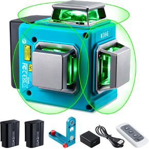 KEZERS Laser Level 360 Self Leveling,12 Lines 3 x 360 Green Laser Level Line Tool for Construction/Picture Hanging with Remote Controller,Rechargeable Battery,Magnetic Stand,Portable Bag