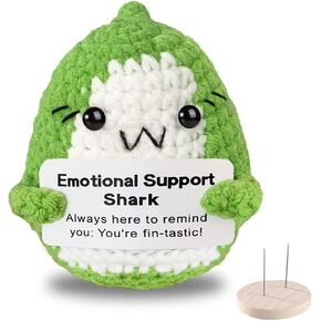 Emotional Support Shark Positive Crochet Animals Handmade Crochet Stuffed Animal Cute Mini Crocheted Animals with Inspirational Card Positive Pickle for Friends Gift Coworker Birthday Gifts