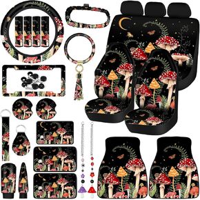 Fabbay 26 Pcs Mushroom Car Seat Covers Set with Protectors Steering Wheel Seat Belt Cover Floor Mat Armrest Cushion Key Chains Auto Interior Accessories for Women(Dark)