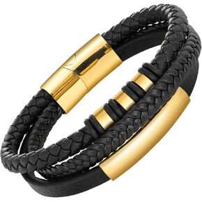 Leather Bracelet for Men, Black Braided Stainless Steel Bangle Bracelets Handmade Jewelry Gifts for Him