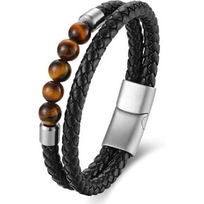 Mens Black Leather Bracelet with Tiger Eye Beads Chain, 2 strand Braided Black Leather Beaded Bangle Bracelet with Stainless Steel Clasp, Classic and Timeless Style