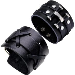 Wide Leather Cuff Bracelet, 2PCS Black Braided Leather Wristbands for Men Women