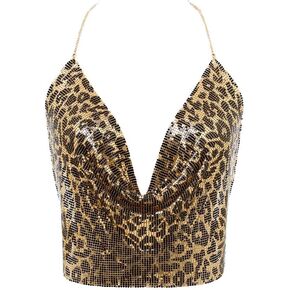 Foyte Boho Sequins Body Chain Shiny Top Deep V Neck Bra Body Jewelry Bikini Crop Top Shirt Waist Chains Nightclub Party Body Jewelry Accessory for Women
