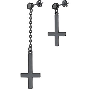 PROSTEEL Asymmetrical Upside Down Cross Earrings for Women Men, Satanic Jewelry Inverted Cross Earrings, Silver/Black Tone 316L Stainless Steel, Hypoallergenic, Come Box