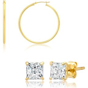 14k Yellow Gold Hoop and Princess Cut CZ Stud Earrings for Women & Men | Gold Earrings with Click Tops and Cubic Zirconia with Gold Earring Backs | 1.5 Inches Large and 1.5 Carats total by MAX + STONE