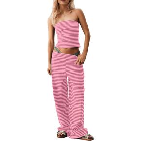 MISSACTIVER Women Sailor Tube Set 2 Piece Striped Outfits Strapless Crop Bandeau Elastic Waist Wide Leg Pants Matching Set
