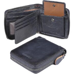 Men's RFID Shielded Wallet Zipper Leather Wallet Men's Bifold RFID Card Case Wallets for Men Genuine Leather ，2see-through Id, 8 credit card slots, & 1-pocket money divider (Coffee)