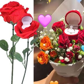 Red Rose Flower Ring Box Holder, Romantic Rose with Stem Jewelry Earring Box Flower Heart Engagement Ring Storage Box