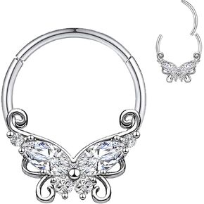 16G 316L Stainless Steel Daith Earrings Hoop Butterfly Nose Ring Septum Hoop Hinged Segment Clicker Daith Clicker Helix Ear Piercing Tragus Conch Piercing Jewelry