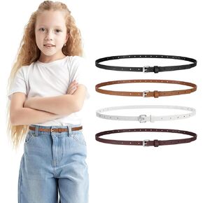 4 Pack Girls Skinny Leather Belts for Jeans Dress Thin Waist Belts for Girl with Gold Buckle