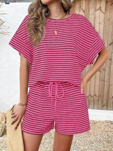 Tankaneo Womens Pajamas 2 قطعة مجموعات صالة مخططة قصيرة الأكمام T القمصان شورتات مطابقة in Kuwait