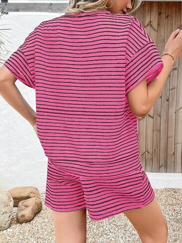Tankaneo Womens Pajamas 2 قطعة مجموعات صالة مخططة قصيرة الأكمام T القمصان شورتات مطابقة in Kuwait
