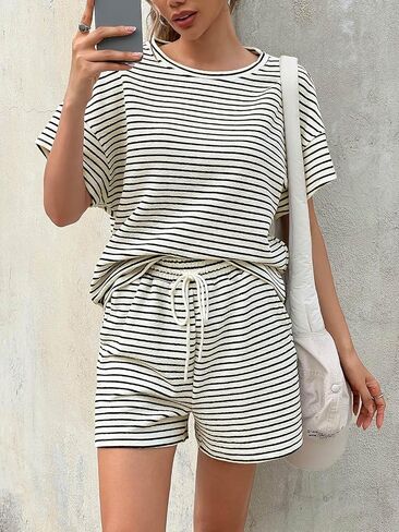 Tankaneo Womens Pajamas 2 قطعة مجموعات صالة مخططة قصيرة الأكمام T القمصان شورتات مطابقة in Kuwait