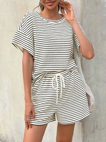 Tankaneo Womens Pajamas 2 قطعة مجموعات صالة مخططة قصيرة الأكمام T القمصان شورتات مطابقة in Kuwait