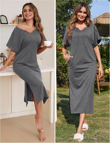 Marvmys Women Short Sleeve Nightgowns Full Length Sleep Shirts V Neck Long Nighshirts with Pockets in Saudi Arabia