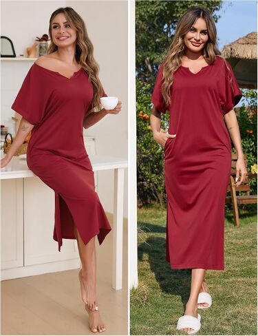 Marvmys Women Short Sleeve Nightgowns Full Length Sleep Shirts V Neck Long Nighshirts with Pockets in Saudi Arabia