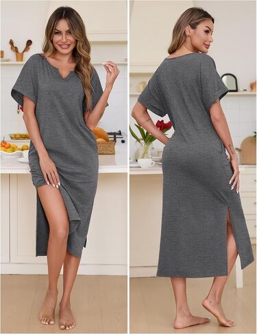 Marvmys Women Short Sleeve Nightgowns Full Length Sleep Shirts V Neck Long Nighshirts with Pockets in Saudi Arabia