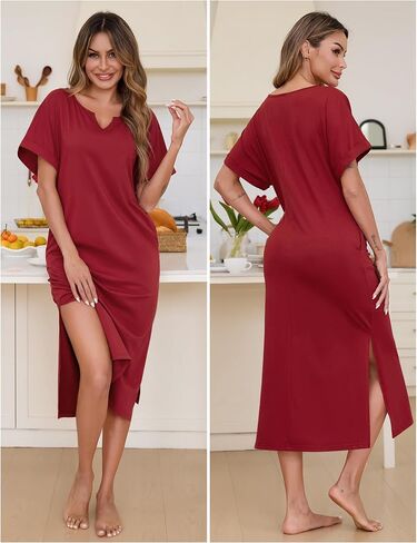 Marvmys Women Short Sleeve Nightgowns Full Length Sleep Shirts V Neck Long Nighshirts with Pockets in Saudi Arabia