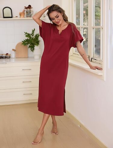 Marvmys Women Short Sleeve Nightgowns Full Length Sleep Shirts V Neck Long Nighshirts with Pockets in Saudi Arabia
