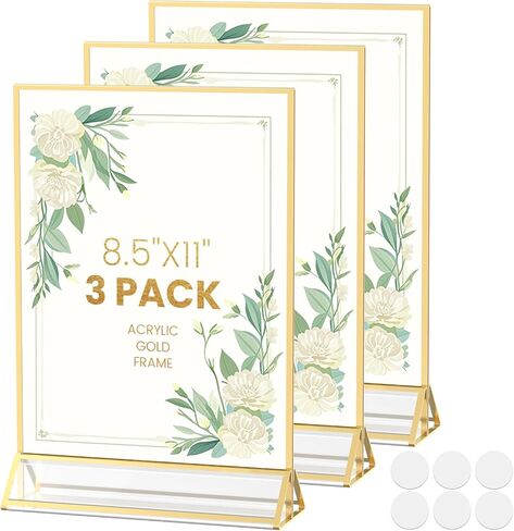حامل علامة الأكريليك 8.5x11 إطارات ذهبية الذهب الذهب الذهب إطارات حامل نشرة لحامل القائمة إطارات رقم زفاف الحامل مع نقاط الغراء مزدوجة الجوانب القابلة للإزالة 3 حزمة in Saudi Arabia