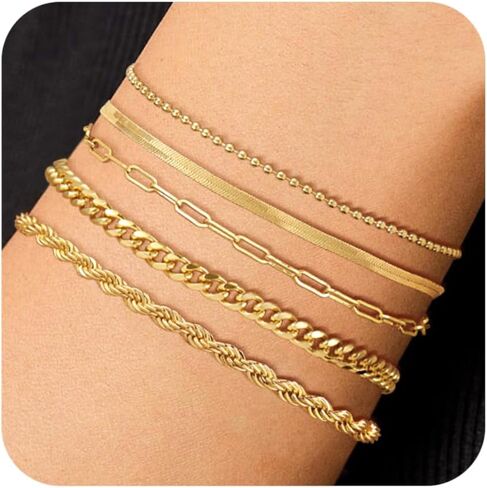 Gold Bracelets for Women, 14K Gold Plated Chunky Stackable Bracelet Set, Dainty Paperclip Chain Cuban Link Layered Non Tarnish Trendy Gold Bracelets Stack for Women in Saudi Arabia