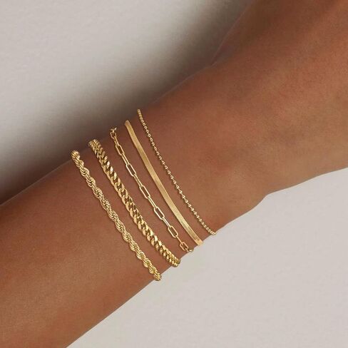 Gold Bracelets for Women, 14K Gold Plated Chunky Stackable Bracelet Set, Dainty Paperclip Chain Cuban Link Layered Non Tarnish Trendy Gold Bracelets Stack for Women in Saudi Arabia