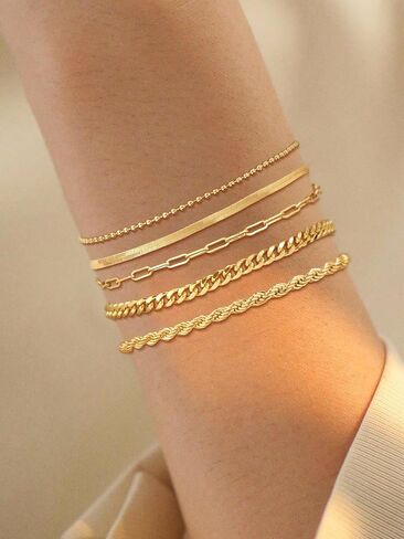 Gold Bracelets for Women, 14K Gold Plated Chunky Stackable Bracelet Set, Dainty Paperclip Chain Cuban Link Layered Non Tarnish Trendy Gold Bracelets Stack for Women in Saudi Arabia