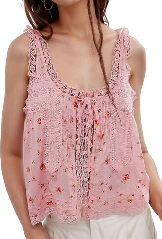 Wyeysyt Women Lace Trim Tank Tops Summer Flowers Boho Semi Sheer Tie Button Front Tops Sleeveless Mesh Going Out Cami Shirt in Kuwait