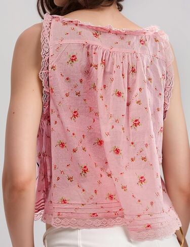 Wyeysyt Women Lace Trim Tank Tops Summer Flowers Boho Semi Sheer Tie Button Front Tops Sleeveless Mesh Going Out Cami Shirt in Kuwait