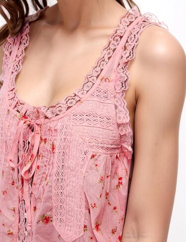 Wyeysyt Women Lace Trim Tank Tops Summer Flowers Boho Semi Sheer Tie Button Front Tops Sleeveless Mesh Going Out Cami Shirt in Kuwait