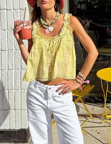 Wyeysyt Women Lace Trim Tank Tops Summer Flowers Boho Semi Sheer Tie Button Front Tops Sleeveless Mesh Going Out Cami Shirt in Saudi Arabia
