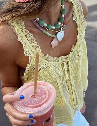 Wyeysyt Women Lace Trim Tank Tops Summer Flowers Boho Semi Sheer Tie Button Front Tops Sleeveless Mesh Going Out Cami Shirt in Saudi Arabia
