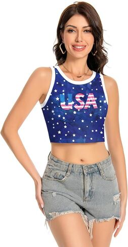 color cosplayer American USA Flag Crop Tank Tops for Women T Shirt Patriotic 4th of July Vest Tops in Kuwait