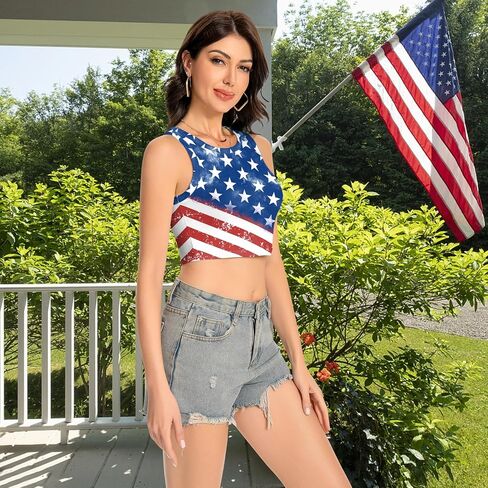 color cosplayer American USA Flag Crop Tank Tops for Women T Shirt Patriotic 4th of July Vest Tops in Kuwait