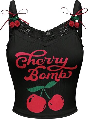 SHENHE Women's Lace Trim Cute Cherry Print Spaghetti Strap Kawaii Top Crop Cami Tank in Kuwait