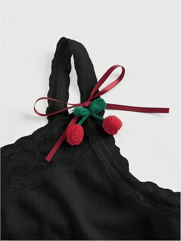 SHENHE Women's Lace Trim Cute Cherry Print Spaghetti Strap Kawaii Top Crop Cami Tank in Kuwait