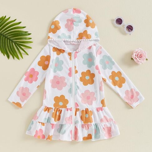 Kids Toddler Little Girl Swim Cover Up Terry Zip-Up Hooded Beach Bathing Suit Swimsuit Wraps Zipper Coverup Dress in Saudi Arabia