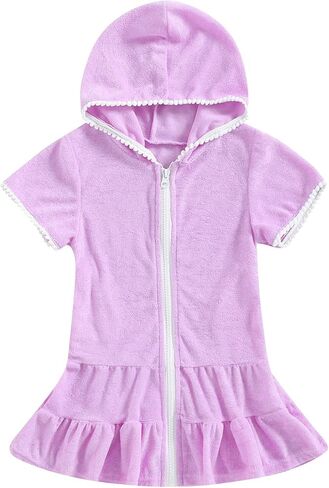 Kids Toddler Little Girl Swim Cover Up Terry Zip-Up Hooded Beach Bathing Suit Swimsuit Wraps Zipper Coverup Dress in Saudi Arabia