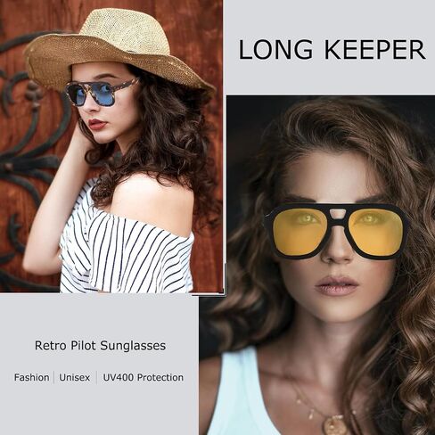 Long Keeper Retro Pilot Sunglasses Double Bridge Women Men Aviation Square Sun Glasses Thick Frame 70s Vintage Shades UV400 in Saudi Arabia
