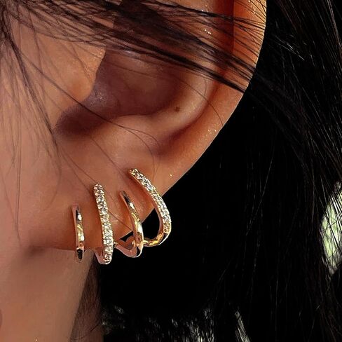 14K Gold Placed Hoop أقراط للنساء Triple Huggie Illusion Stud Encling | أقراط مزدوجة Huggie Hoop لفتحة واحدة | مخلب أذن الكفة هدية المجوهرات للنساء in Kuwait
